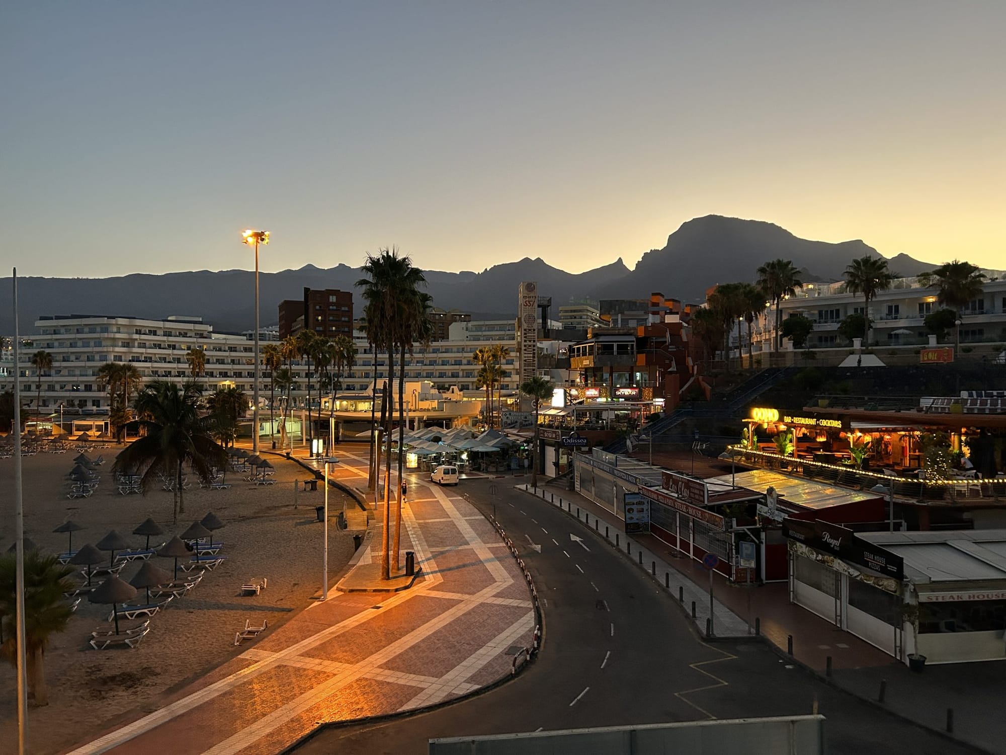 Early morning beach front and shops, Adeje, Tenerife
