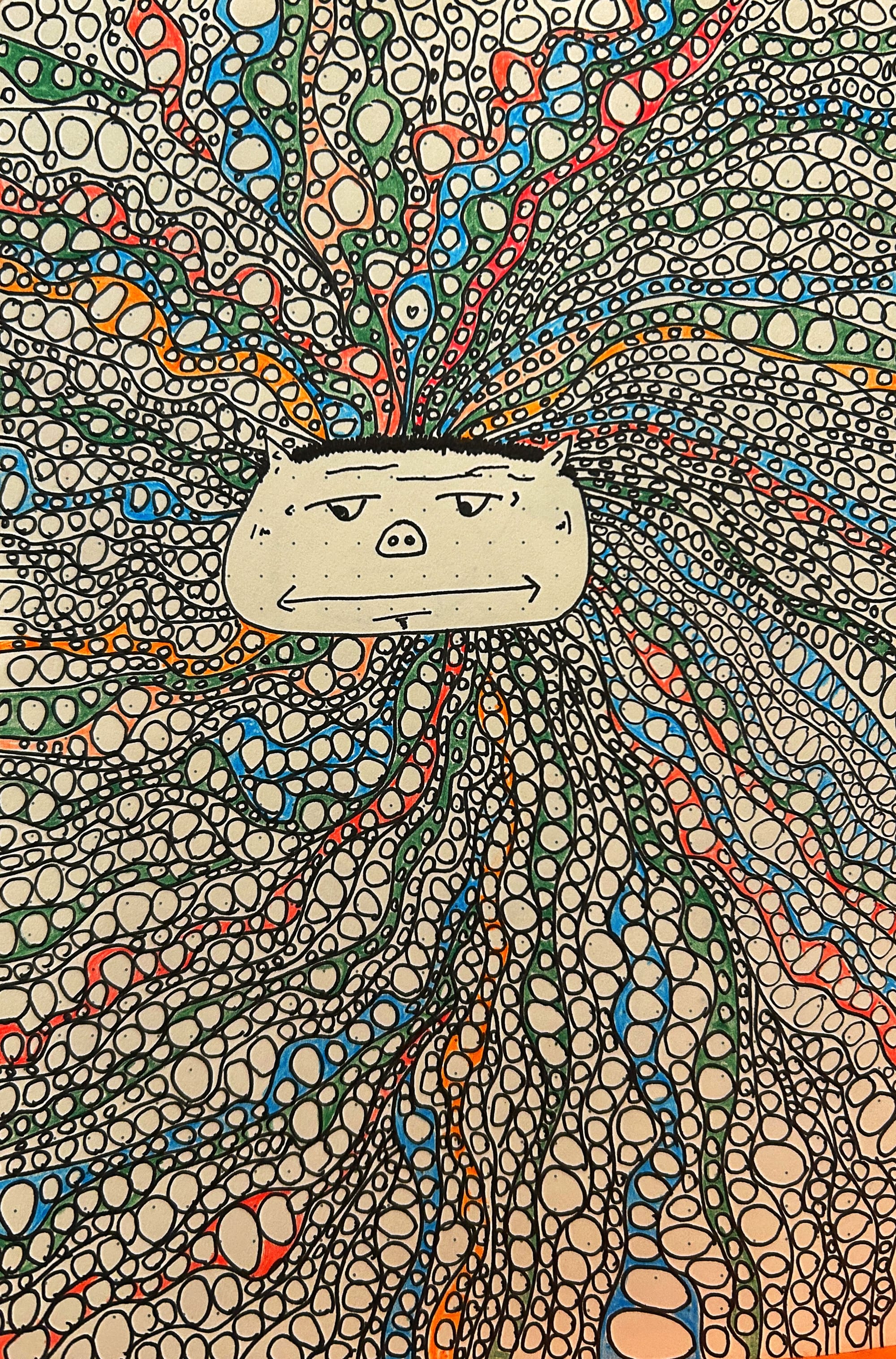 An image of a hand-drawn animals face with rivers of bubbles representing head pain