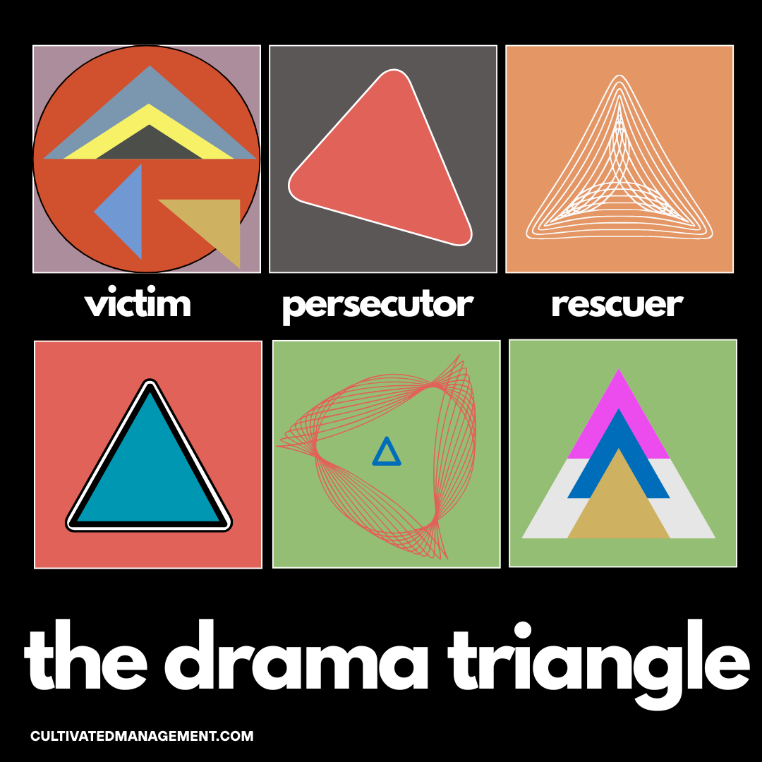 A graphic showing lots of triangles to depict the topic of this post - the drama triangle