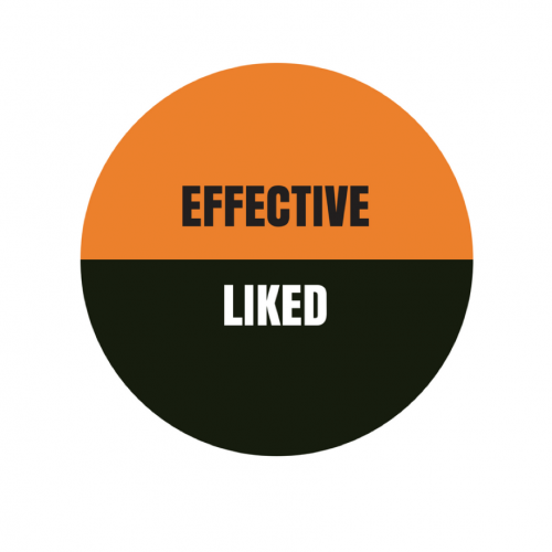 An image of a circle split across the middle horizontally, with effective at the top, and liked at the bottom