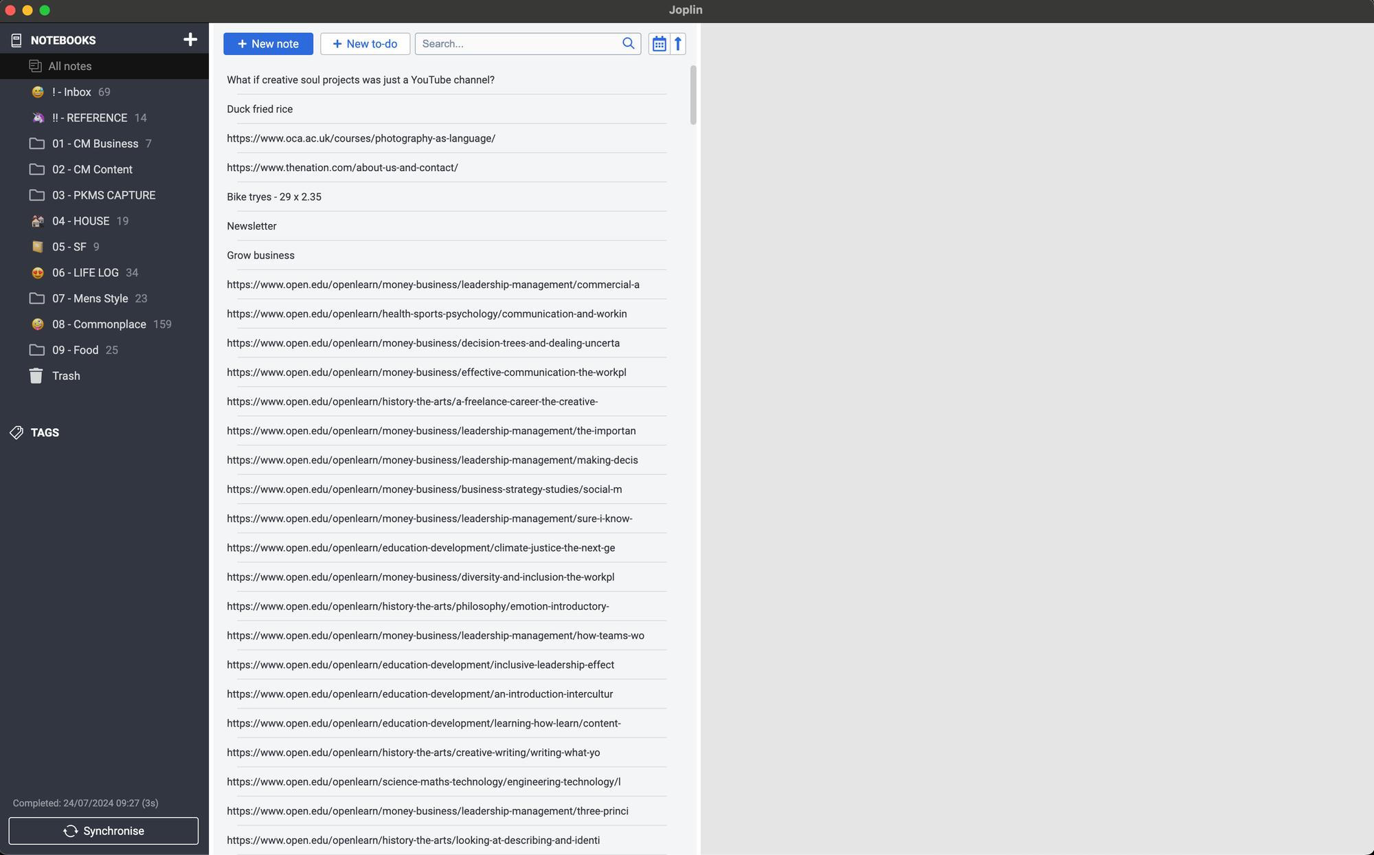 A screenshot showing my notes in Joplin