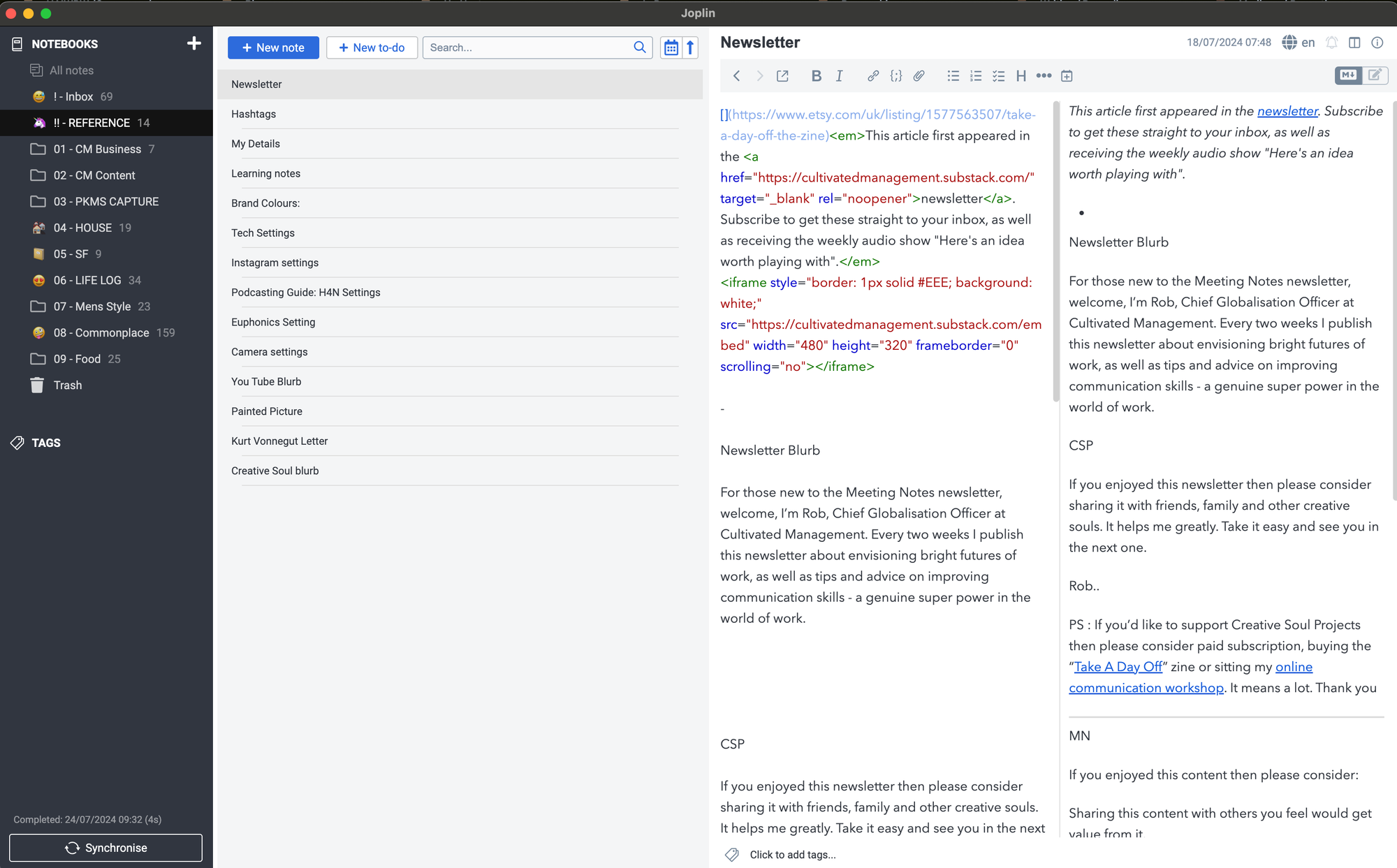 A screenshot showing how I use Joplin to store quick reference information, such as camera settings and newsletter blurb