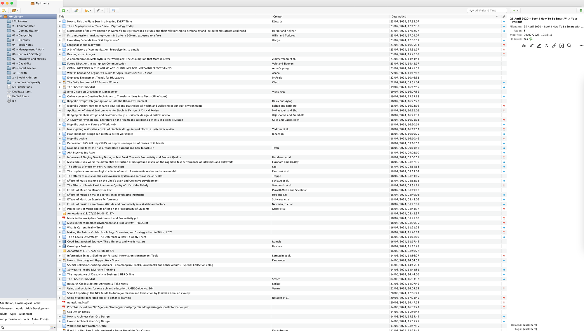 A screenshot showing the Zotero interface and how I structure collections and libraries