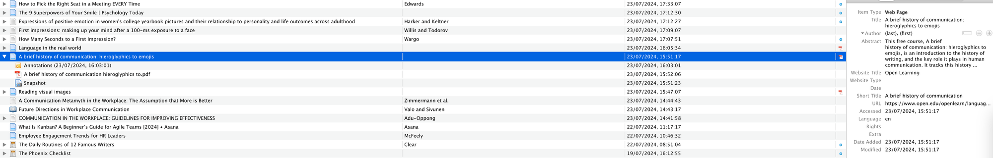 Screenshot showing the item (the webpage of the course) and the PDF I have dragged in (ignore the annotations for a minute)