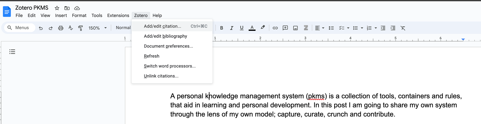 A screenshot of Google Docs showing the Zotero plugin features