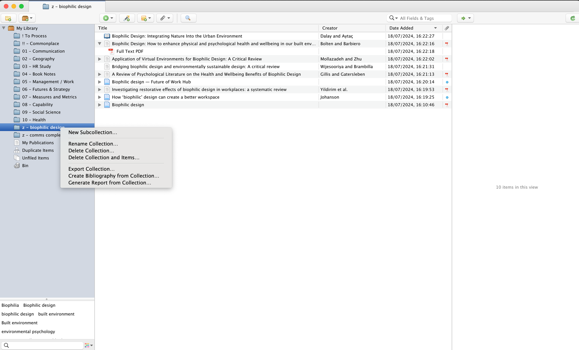 A screenshot showing the right click options for Zotero collections, and the create bibliography