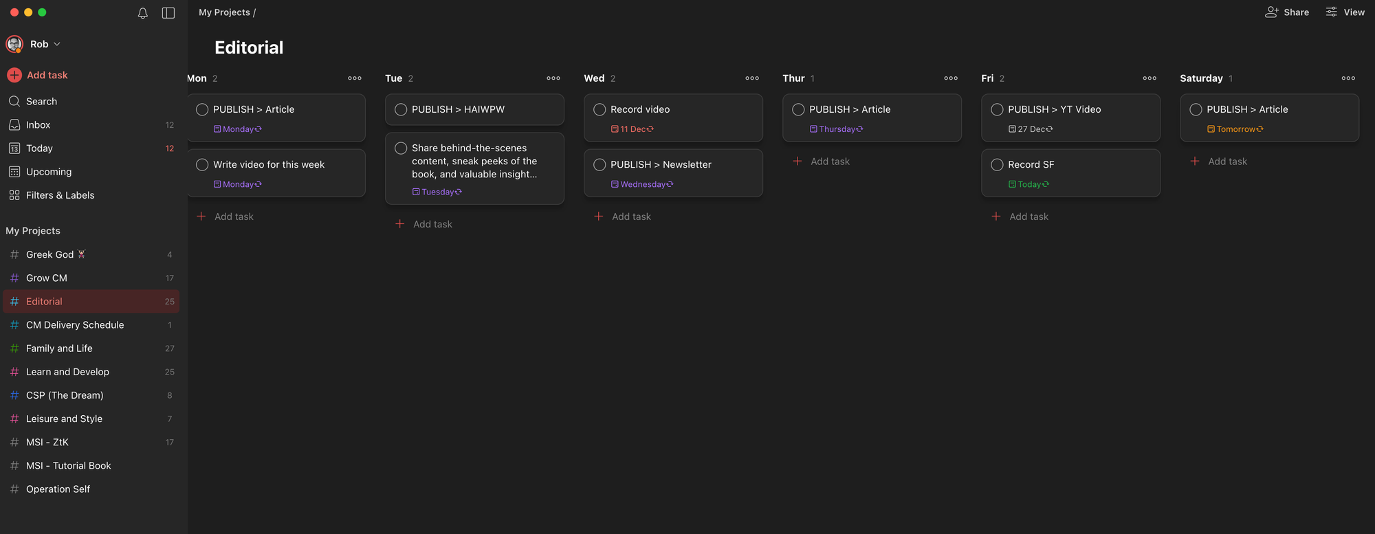A screenshot of my editorial calendar in Todoist