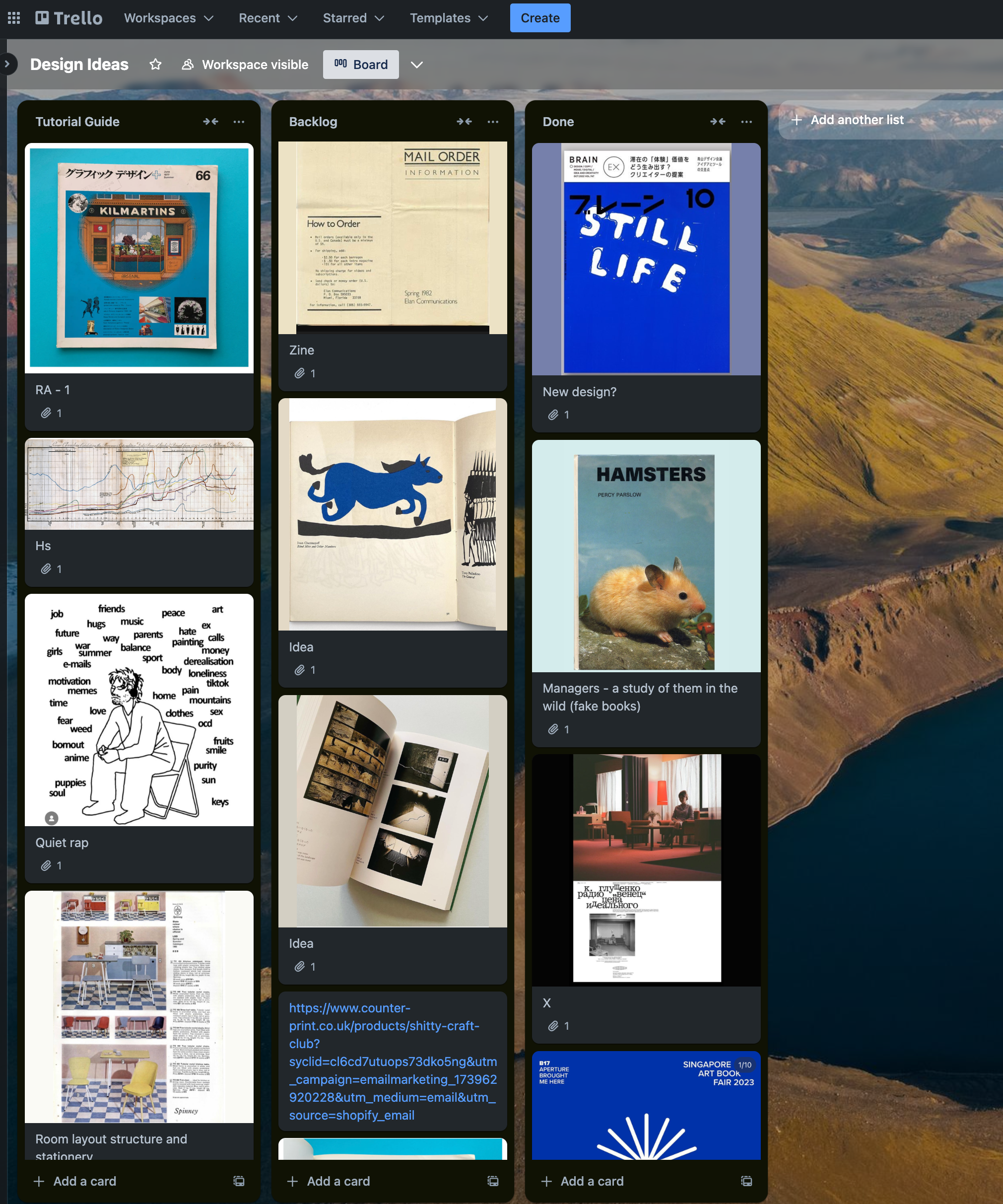 A screenshot of Trello software showing a collection of design ideas
