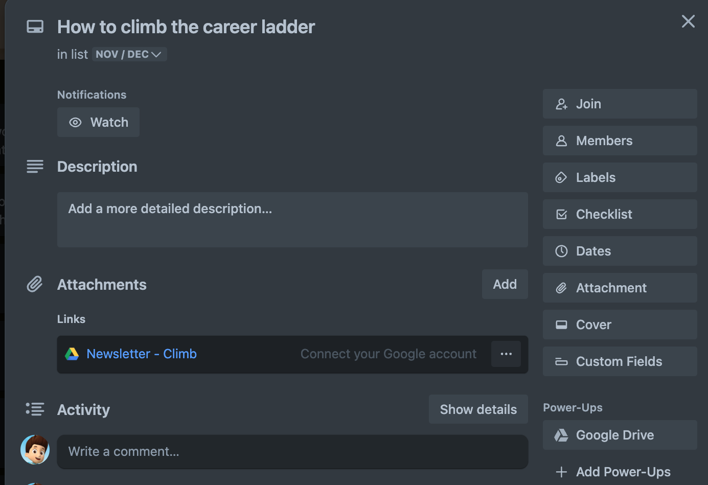 A screenshot of the Google Drive Power Up in Trello