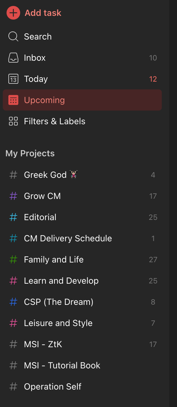Screenshot of my ToDoist folder structure