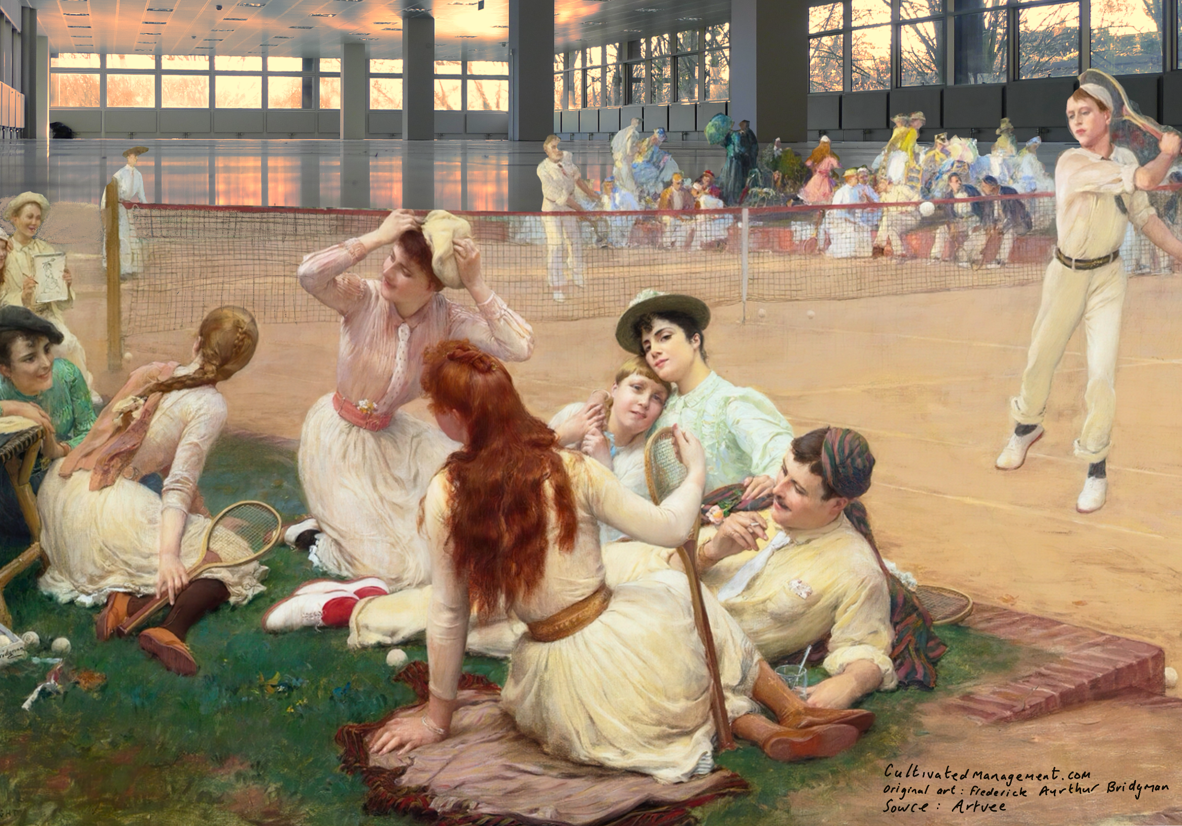 Digital collage of a Tennis Club in office space. Original painting by Frederick Arthur Bridgman. Art from Artvee.